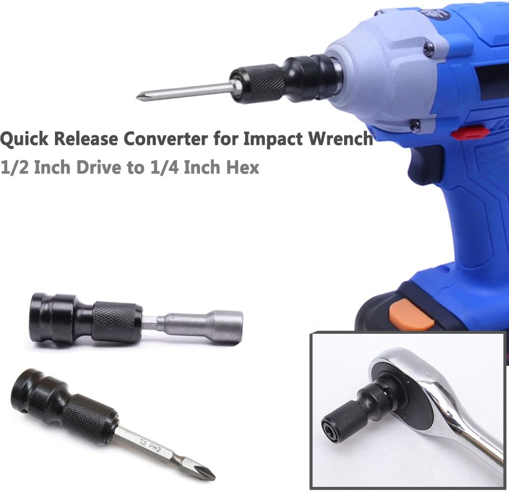 2PCS 1/2 inch Square Drive to 1/4 inch Hex Female Socket Adapter Converter Chuck Adapter for Impact Air,Wrench Adapter Square Drive drill bit holder - Image 5
